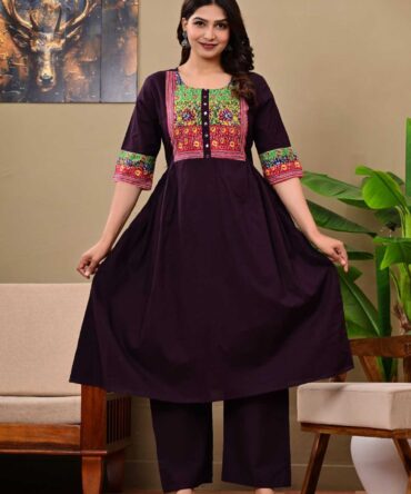 bunai india women cotton kurta pant set deep purple embroidered