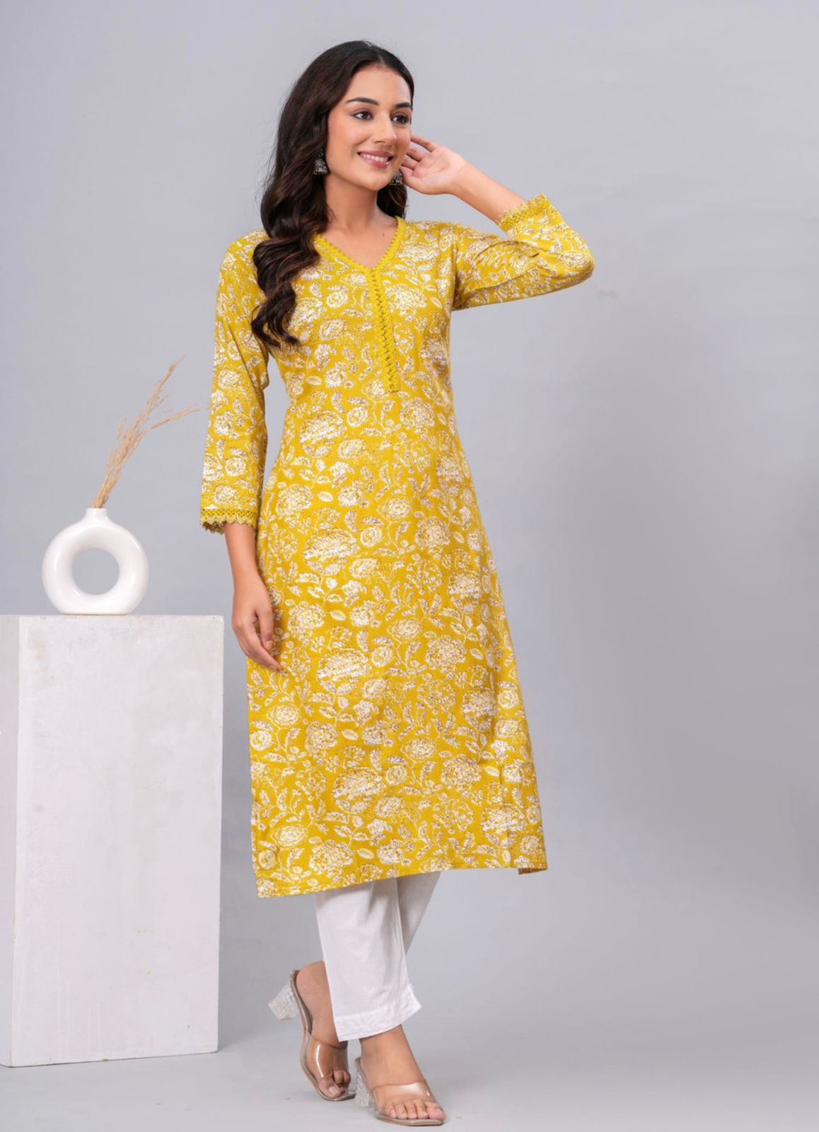 Women mustard cotton printed kurti front view