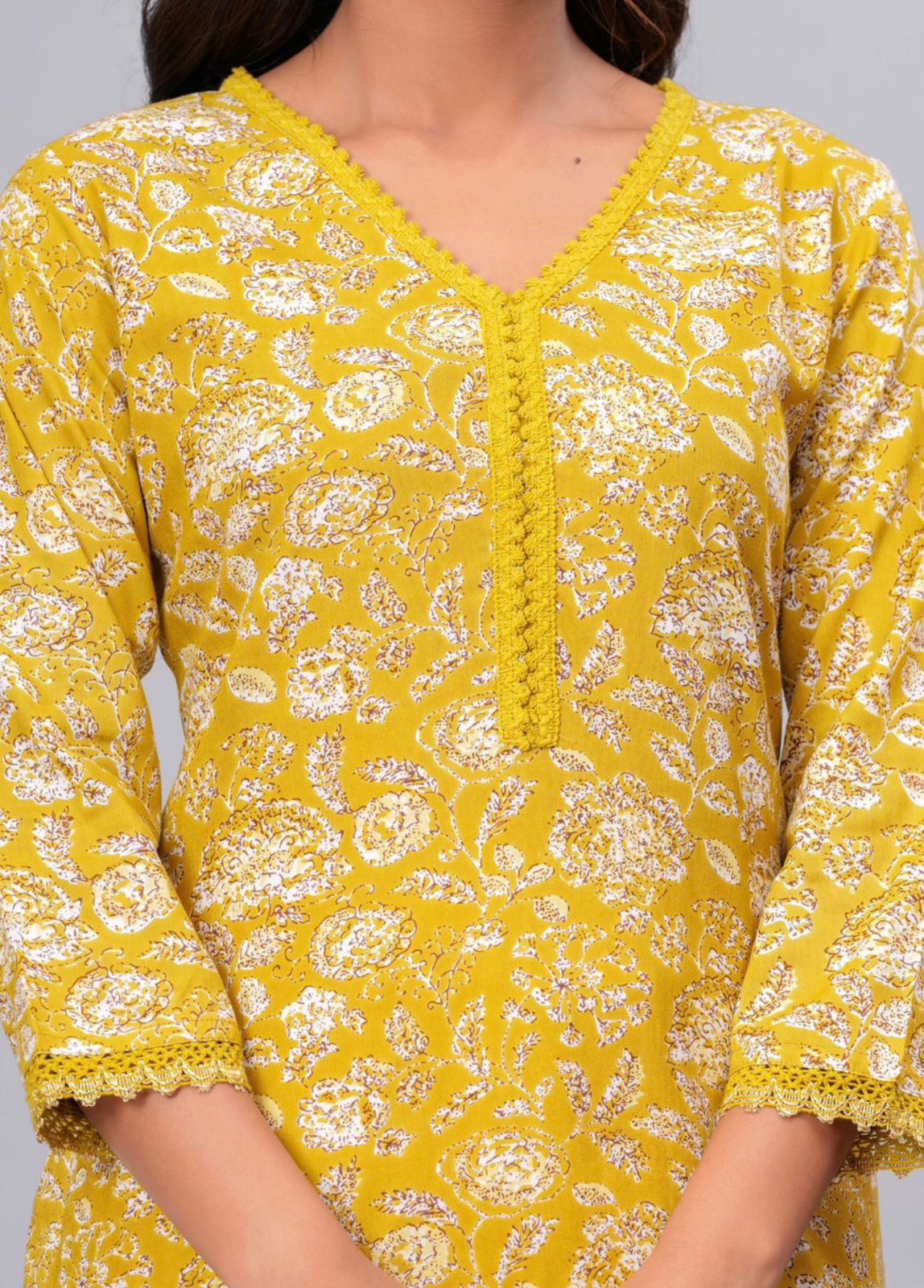 Mustard floral printed kurti V neck detail