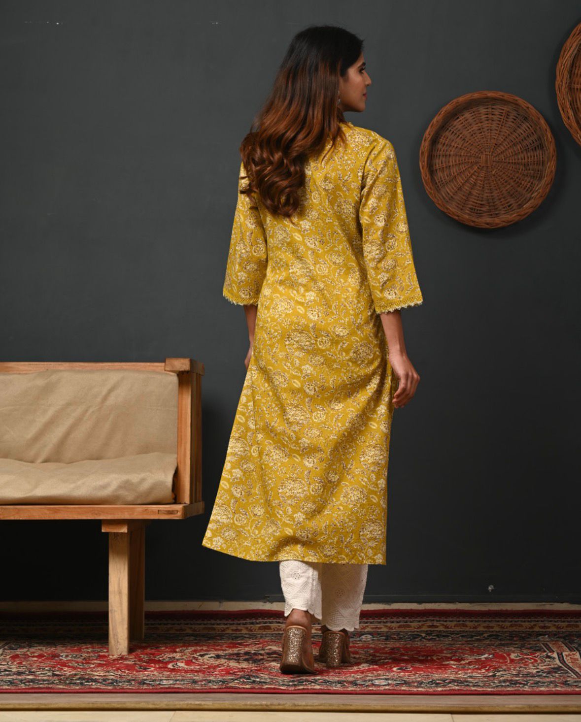 Women cotton straight kurti mustard full length