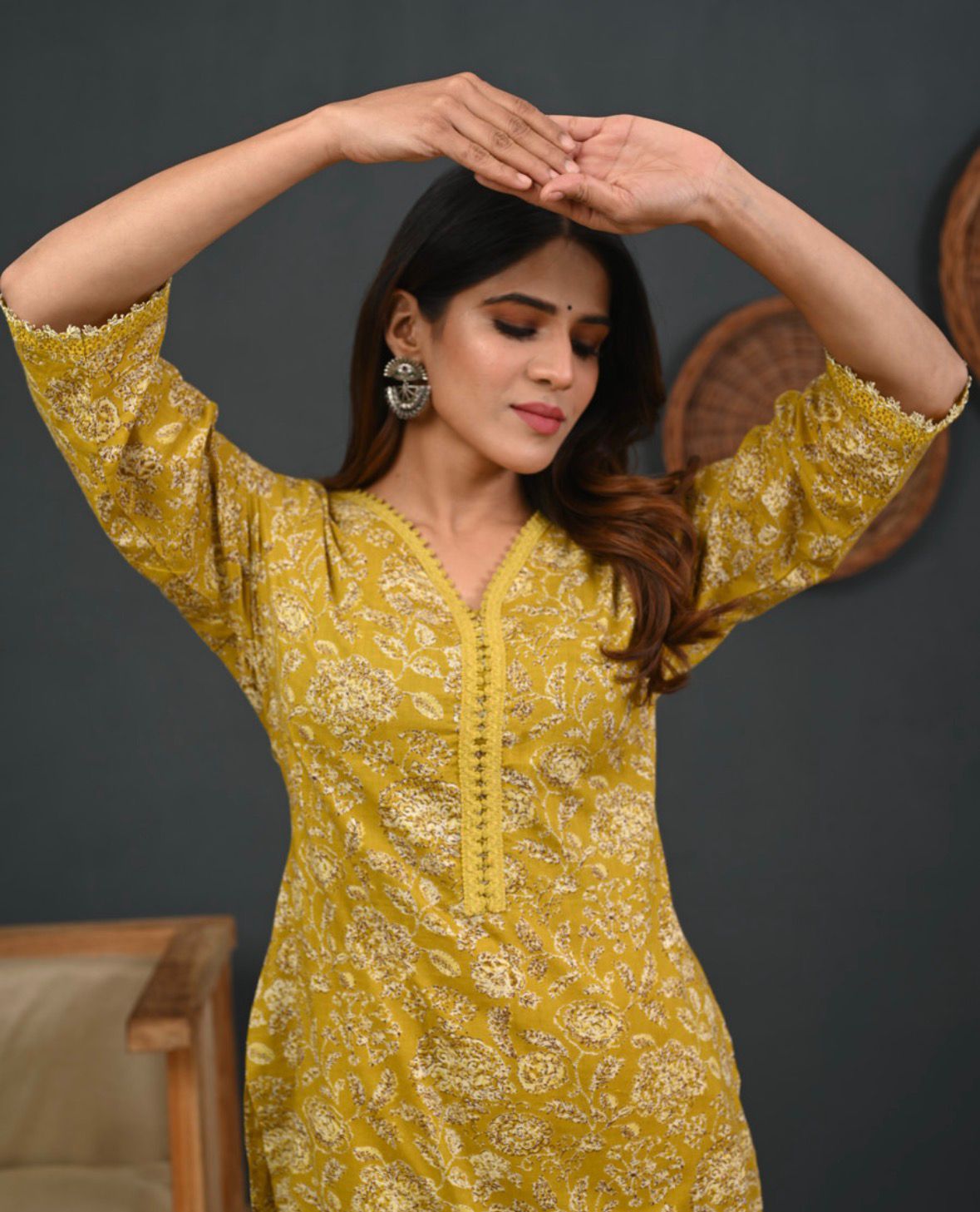 Mustard printed kurti women lifestyle image