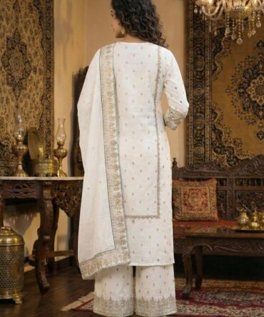 Women ivory cotton kurta pant dupatta set with embroidery