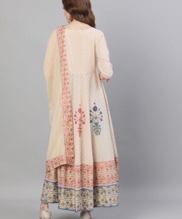 Back view of women beige printed cotton kurta pant dupatta set