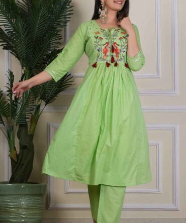 bunai india women cotton kurta pant set green